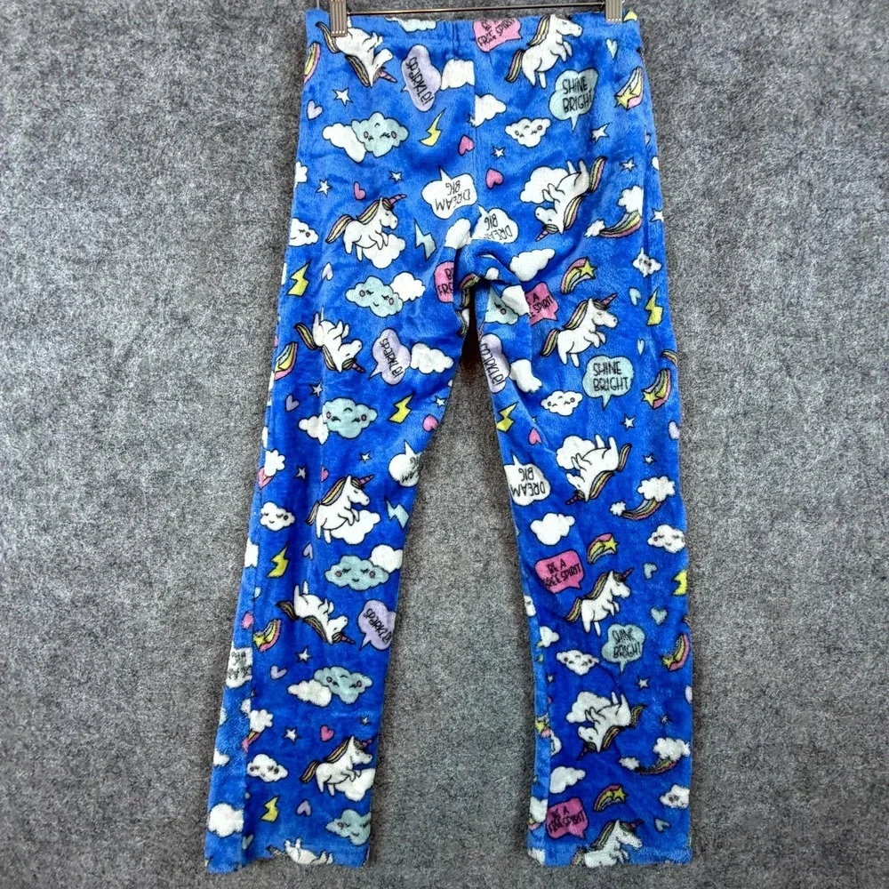Saturdaze‎ Pajama Pants Womens Medium Blue Fleece Unicorn Rainbow Clouds Print